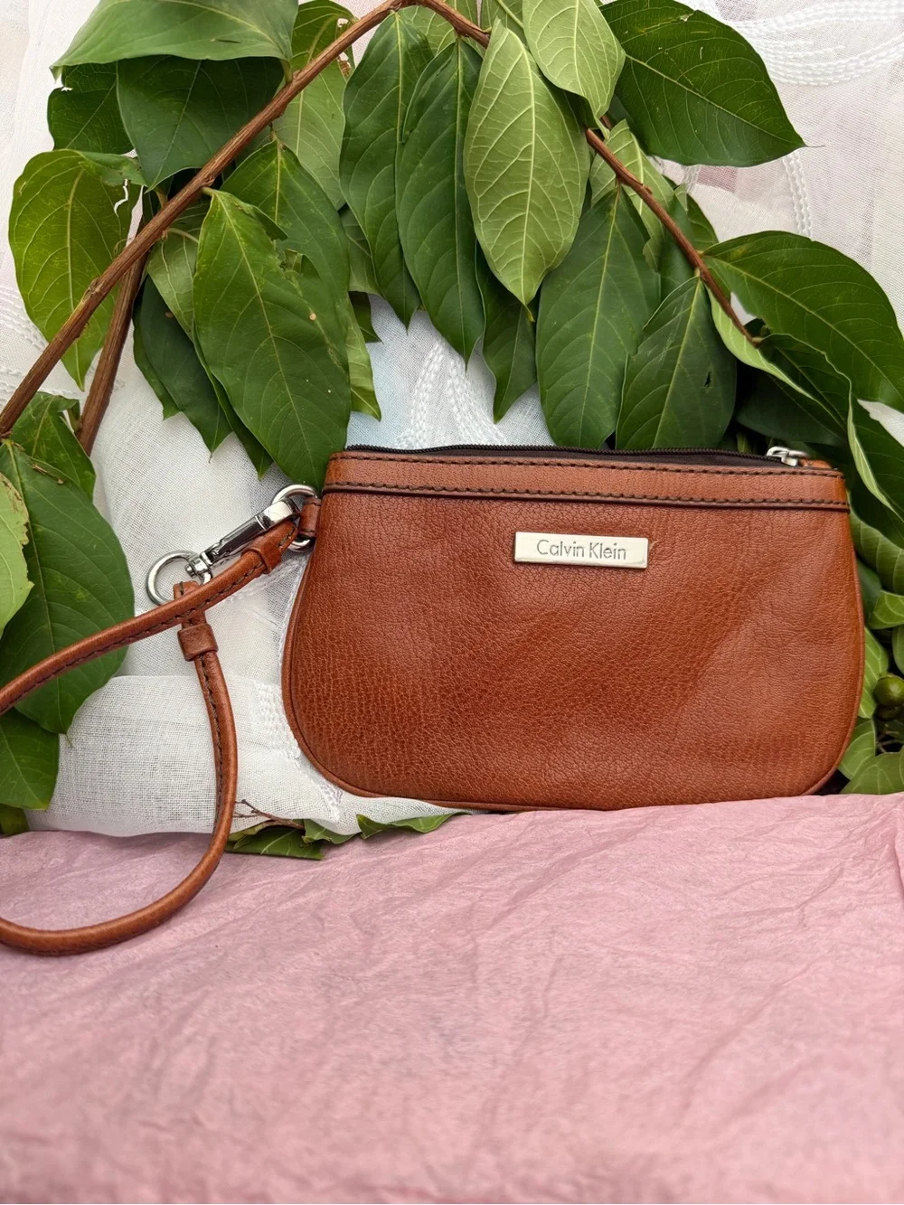 Calvin Klein Tan Pebbled Leather Wristlet Clutch